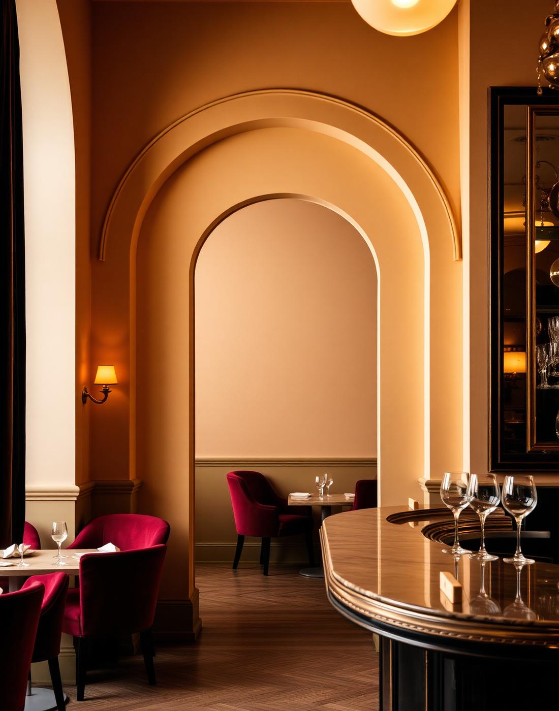 Arched dining room and marble bar